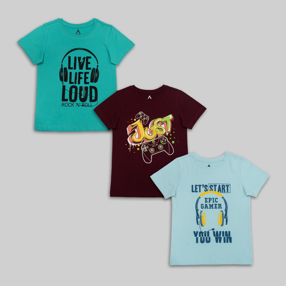 Boys Printed Cotton Multicolour T-shirt (Pack of 3)